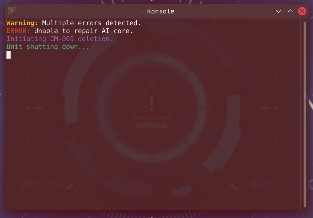 cyb3rm0nk:I’m sorry. To those that I failed, to those that I disappointed, to those I left hanging.I tried, but I guess I’m still too human. A broken machine.[Warning: Multiple errors detected.Error: Unable to repair AI core.Initiating CM-069