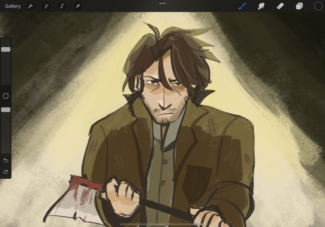 Digital painting. A disheveled brunette in a ratty brown coat is pictured brandishing an axe in two hands, blood on the blunt side. His face is fairly unshaven, and he has bags under his eyes. His expression is determined. The palette is muted green and brown, almost sickly light.