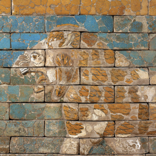 ancientanimalart:Panel with striding lionNeo-Babylonian604-562 BCE “The lion was sacred to Ishtar, t