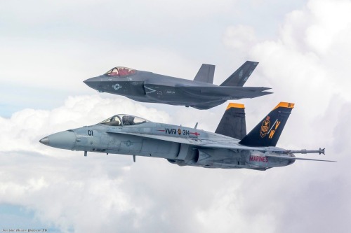 planesawesome: USMC VMFA-314 F-35B and F/A-18C  