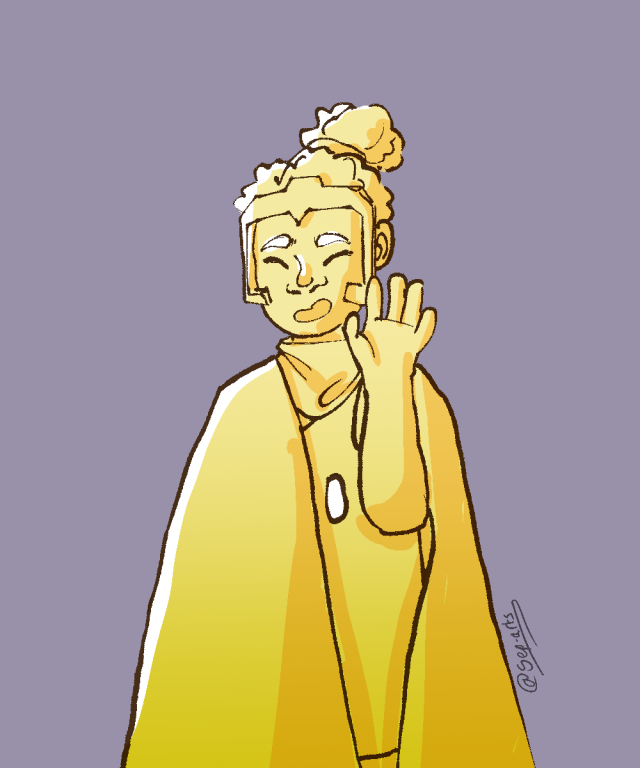 a bust shot of a person smiling and waving with their eyes shut. They have an afro ponytail, a high collar and a cape. They are coloured with a bright yellow gradient