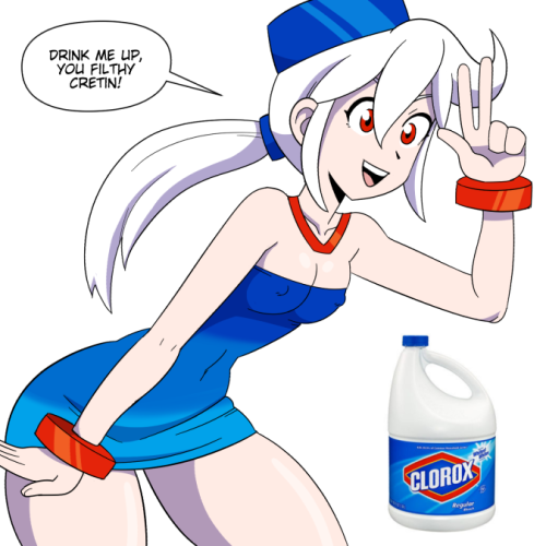 The ultimate result of the stream, the CLEANING-TANS!These doofy gijinkas resulted from a botched Bleach request. Someone countered with a request of a Clorox bleach gijinka, and so now we have Pinesol-tan and Clorox-tan. Clorox-tan doesn’t mix well