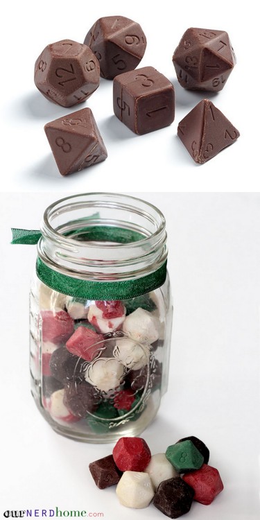 truebluemeandyou:  DIY D&D D20 Chocolate Gaming Dice & Making an Easy Mold Tutorial from Our Nerd Home here. You can use Wilton Candy Melts that set up quickly and come in all different colors. For DIY D&D D20 Dice Gingerbread House Tutorial