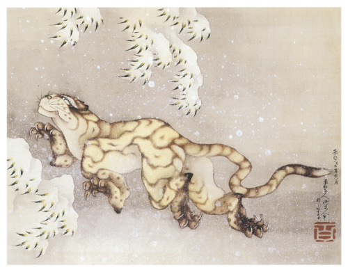 vintagemarlene: old tiger in the snow by hokusai, 1849. 