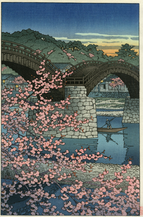 nobrashfestivity:Hasui Kawase, Evening at Kintai Bridge in Spring, 1947more