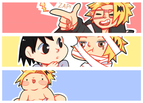 Color preview of 3 out of 9 Kaminari merch stickers I’m making for the @bokunoboyszine, featuring aw