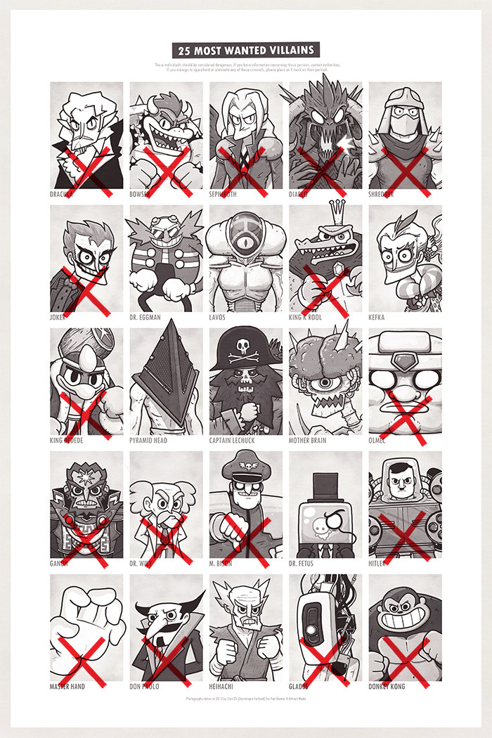 “25 Most Wanted Villains” by Dominique Ferland ⊟ Another great piece that will be at the Fangamer x Attract Mode party next Saturday in Seattle! Prints for Dom2D’s piece above will be available for sale at the show without the Xs – the idea is you...