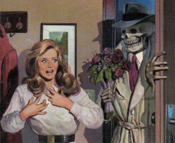 the-spook-zone:  sweetappletea:   This is for a German horror/pulp magazine but I can’t unsee it as some skeleton detective surprising his wife  SKELETON DETECTIVE 