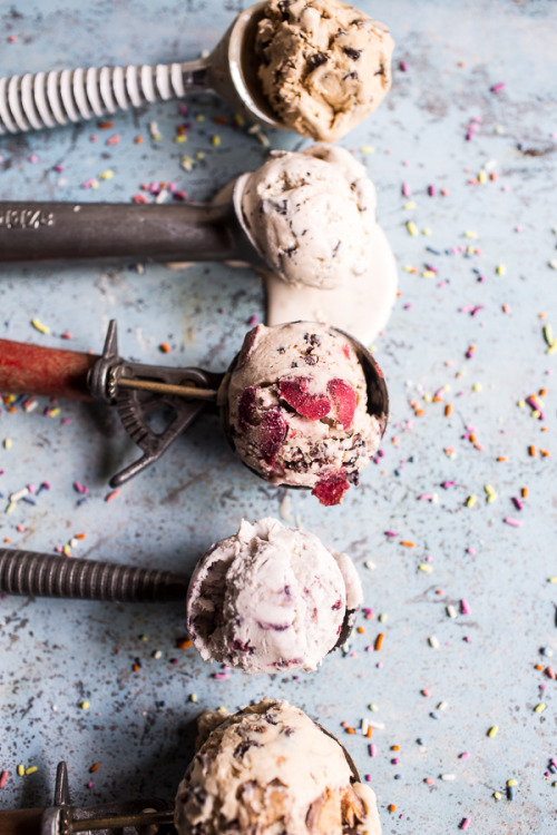 sweetoothgirl:  No Churn Ice Cream 5 Ways (Bourbon Cherry and Cacao Nib, Blackberry Lavender, Sea Salt Honey and Dark Chocolate Chunk, Espresso Chip, & Malted Vanilla and Peanut Butter Cup Chip)