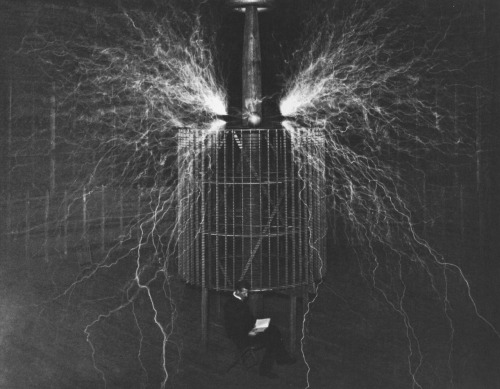 awesomepeoplereading:  Tesla reads, appears in trick photograph. 
