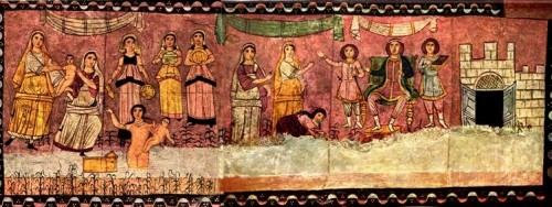 Dura Europos synagogue, C. 244 AD, (in contemporary syria), Tempera over plaster.In order:-The Torah