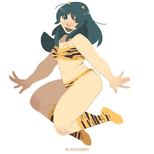 Lum belongs to Urusei Yatsura . Artwork by Meredith McClaren[Description: An illustration of Lum fro