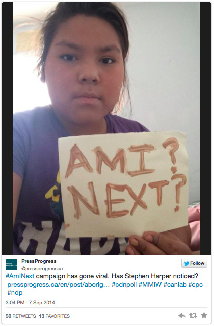 micdotcom:  1,200 aboriginal Canadian women have gone missing over the past 30 years. Hashtag asks #AmINext?  On Aug. 17, Winnipeg police pulled the body of 15-year-old Tina Fontaine out of the Red River near Alexander Docks. The scope of the tragedy