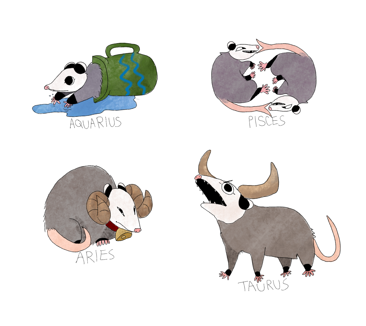 persephoning: cinnabees:  Astrological zodiac opossums!  Available as stickers on