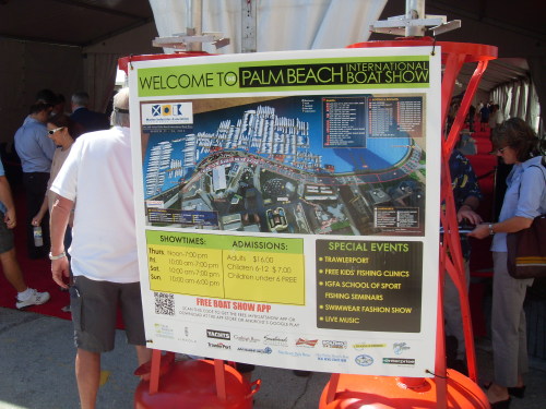 The Palm Beach International Boat Show map on a sign at the show