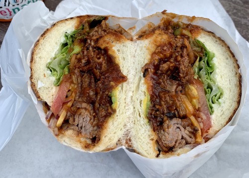 Super Hero from Los Gatos Meats: marinated tri-tip, BBQ sauce, bacon, cheddar, and avocado on Dutch 