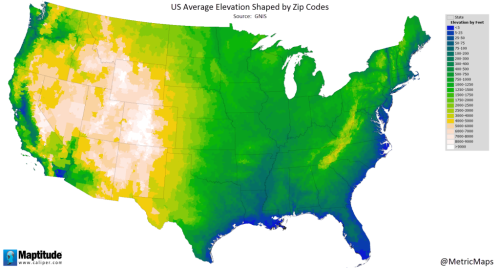 mapsontheweb:Average Elevation of U.S. Zip Codes.