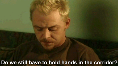 pajamasecrets:Do you think she suspects we’re not a couple?Spaced, 1x02.