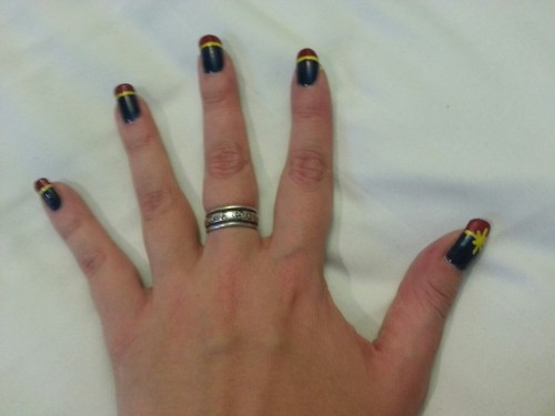 I gave myself a Captain Marvel(ous) manicure. All ready for the Carol Corps tomorrow at New York Comic Con!
(Too bad I’m not ambidextrous enough to do it to my other hand…)
(Edited to add a better picture!)