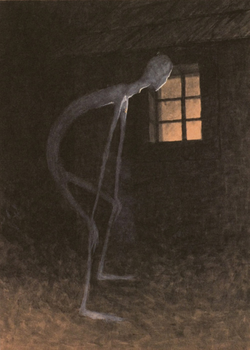 eeriie:  “A dark, terrifying painting showing a tall, slender creature looking through the window of a hunter’s cabin. I brush these slender man types of stories off most of the time because I don’t believe in slender man. But this was painted in