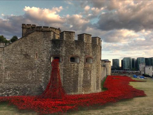 asylum-art:  Paul Cummins: 888,246 Ceramic Poppies Flow Like Blood from the Tower of London to Commemorate WWIt  The moat that surrounds the Tower of London has long stood empty and dry. This summer, it’s getting filled with 888,246 red ceramic poppies,