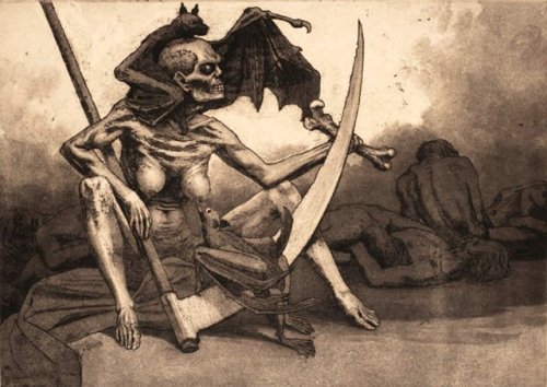 A remarkable example of bats in art: death taking a break while breastfeeding a bat. Etching from 18