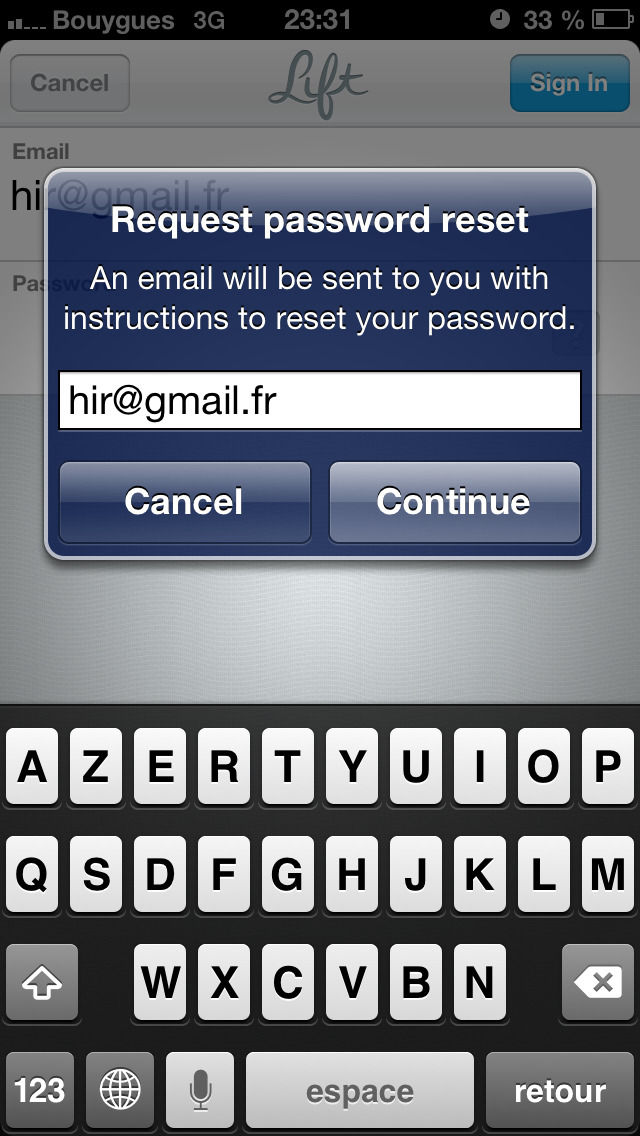 Récupération de mot de passe -app Lift