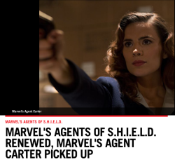 marvelentertainment:  It’s official! Marvel’s Agents of S.H.I.E.L.D. has been renewed for a second season…AND Marvel’s Agent Carter has been picked up to series. We’ll have more news on both, very soon. But for right now, #StandWithSHIELD and