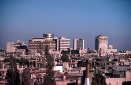 The Cham Palace Hotel [1983] in Damascus, Syria photographed from a distance on August 21, 1989