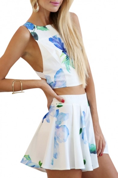 lovelyandfashionblog:  Summer wear  Scoop Neck Long Sleeve Cross Front Flare Romper  Leaf Print Off the Shoulder Gathered Waist Loose Rompers   Navy Floral Print Crop Top with Hot Pants   White Sleeveless Floral Print Top with Pleated Skirt   Floral Print