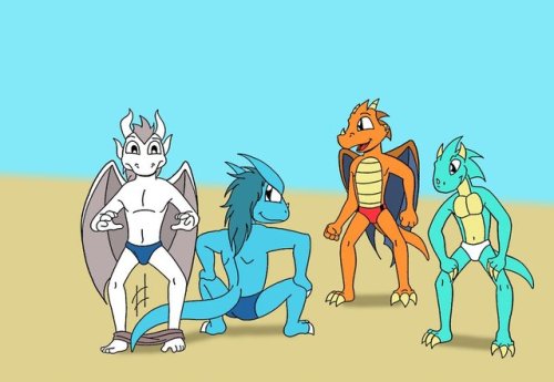 Sprucehammer’s part of the Art Trade, showing Javen at the nearby beach. He was shy to just wear his speedo to the beach, but the other friendly dragons decided to help, and pants him. It took a while, but soon he got used to only having the swimwear,