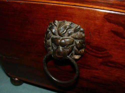 A Georgian-era inlaid partridge wood tea caddy (early 1800′s).  “Partridge wood” is so named because