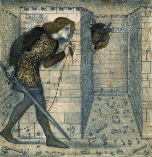jareckiworld:Edward Coley Burne-Jones (1833–1898) — Theseus and the Minotaur in the Maze   (pencil and ink on paper, 1861)