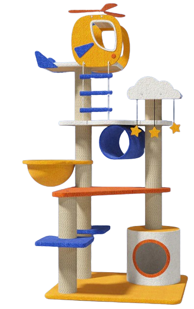 transparent image of a designer cat tree from Happy and Polly in yellow and blue with a helicopter accent