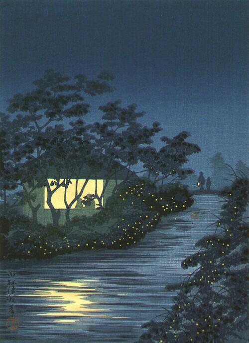 Kobayashi Kiyochika Fireflies at Kinu River at Tennoji