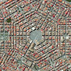 dailyoverview:  Grammichele is located in Sicily, in southern Italy. The town was constructed in 1693 with a distinctive hexagonal street plan after an earthquake destroyed the nearby, old town of Occhialà. 37°13′N 14°38′E Instagram: http://bit.ly/2tUvfTF