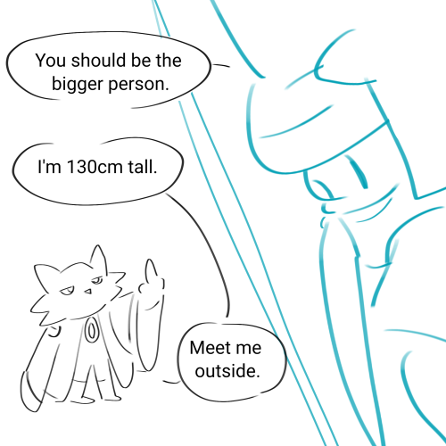 Yanlao talking to Yi through a screen. Yanlao says, "You should be the bigger person." Yi holds his middle finger up and replies, "I'm 130 centimeters tall. Meet me outside."