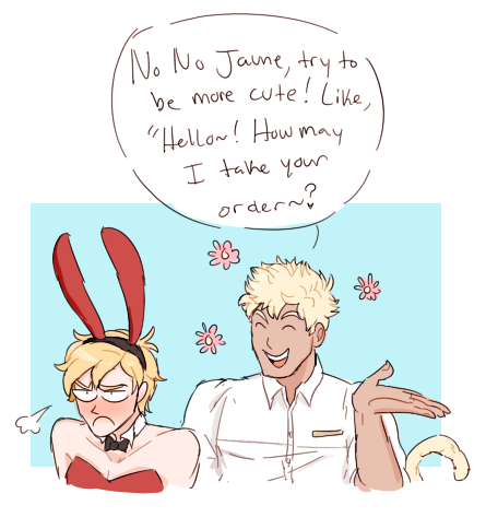 cafe!AU :3cjaune is tricked into becoming a bunny waiter at a cafe sun and neptune