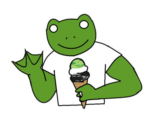 crocuses-and-frogs:[Image description: Two images of the same anthropomorphic frog in a white t-shir