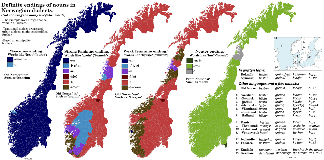 The definite endings of most nouns in different Norwegian dialects.
[[MORE]]by jkvatterholm
“What is this map about?
This map shows how to mark nouns as definite in Norwegian dialects. Basically what is “the” in English. This varies a lot, and has...