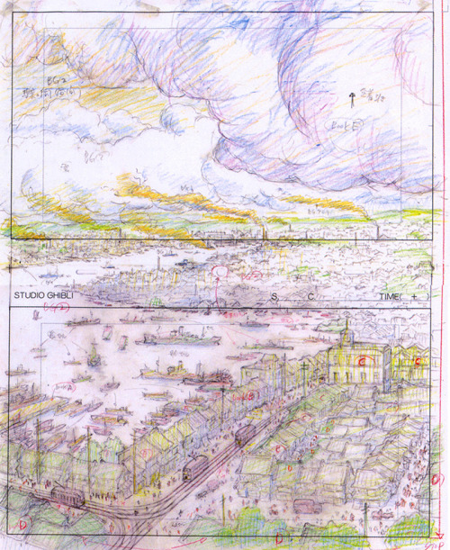  Animation layouts from Hayao Miyazaki’s The Wind Rises (風立ちぬ) showing the meticulous detailing in the aircraft, machinery and scenery—-even though it would all be drawn and re-drawn several more times after this. From The Wind Rises Roman