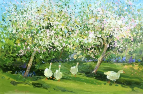 myfairynuffstuff:James Harrigan (b.1937) - Geese in the Orchard. Oil on board.