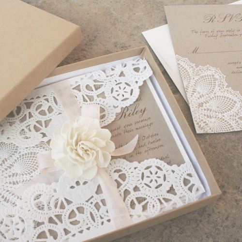weddingtopia: Anista Design’s signature and romantic Lillian Collection with lace doily wrap. Thanks