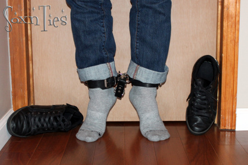 soxnties:  He likes these over the door wrist restraints more than I do… Even on tiptoe I couldn’t get loose… The hotter part came later when he ballgagged me and left me there to hang around for awhile, drooling… 
