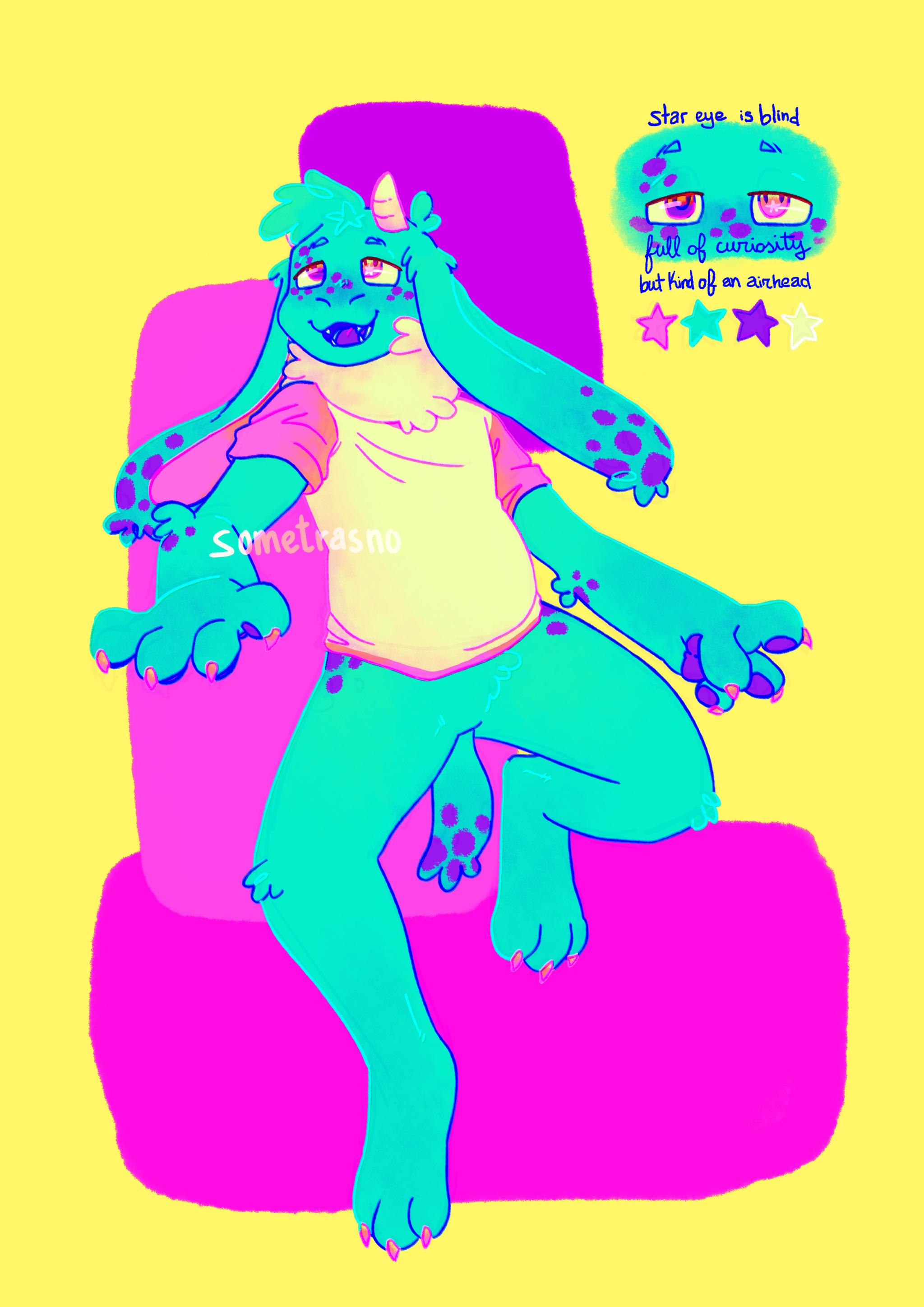 A colorful drawing of a cute anthropomorphic goat-like creature. It's light blue with purple spots, and it has a big fluffy white neck like sheep wool. One of its eyes is purple and the other one is pink with a shooting star across the iris. It's posed as if floating, looking up to the sky with sleepy wonder. To the right there's a close up of its eyes indicating that the 'star eye is blind', and that the creature is 'full of curiosity, but kind of an airhead'. Underneath this there are stars made with the colors of the creature. The image is signed 'sometrasno'