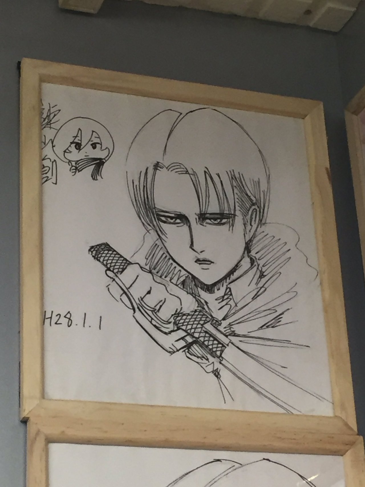 Isayama Hajime’s sketches of Levi and chibi Mikasa, as seen at the Shibaraku Ramen