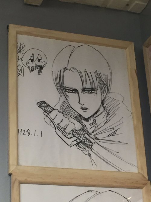 Isayama Hajime’s sketches of Levi and chibi Mikasa, as seen at the Shibaraku Ramen Shop in Fukuoka!ETA (April 12th, 2016): More photos added!Update (March 10th, 2017): New photo of Isayama’s 2017 New Year’s sketch of Levi at the shop!More updates