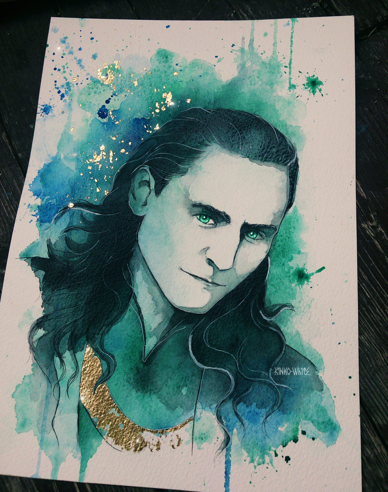 kinko-white:  Loki. Commission artWatercolor, gold leaf, black-white inkhttp://kinko-white.deviantart.com/https://www.facebook.com/kinko.white