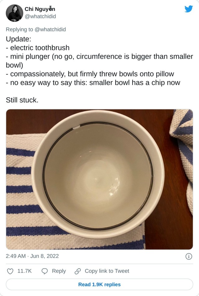 Update: - electric toothbrush - mini plunger (no go, circumference is bigger than smaller bowl) - compassionately, but firmly threw bowls onto pillow - no easy way to say this: smaller bowl has a chip now Still stuck. pic.twitter.com/5diGPZvhTy — Chi Nguyễn (@whatchidid) June 8, 2022