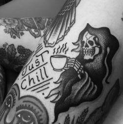 black-and-white-tattoo-social:  J U S T / C H I L L  💀 Work by James Armstrong @holymountaintattoo 